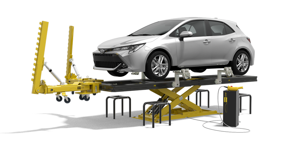 UnoLiner CRS4600 RO Quick Bench with two draw aligners, bench adapters, chassis clamps, and car