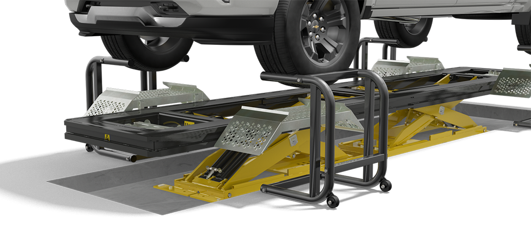UnoLiner CRS5500 In-Ground straightening bench closeup of R15 drive-on ramps and H25L wheelstand